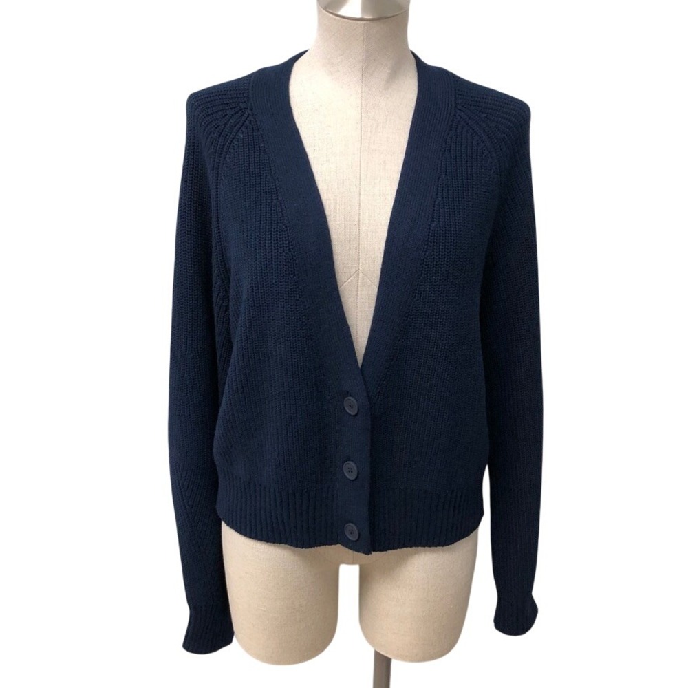 525 Cardigan Womens Medium Navy Blue Shaker Stitch Cotton V-Neck Sweater